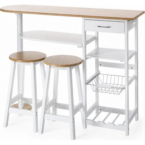 Set tavolo penisola con 2 sgabelli bianco e rovere - Misura 119x38,5x88,5 cm - Penisola cucina con piano in MDF laminato, portabottiglie, cestello, 2 (1/5)