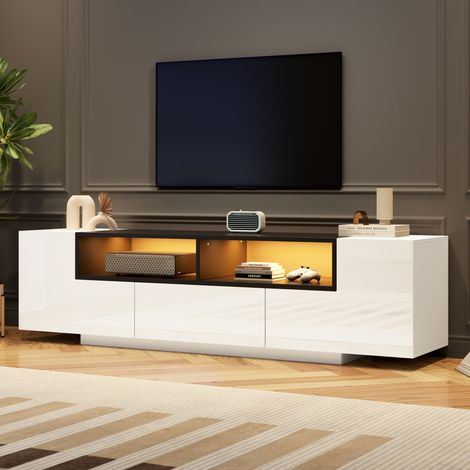 Mobile TV 180 cm con spazio di archiviazione, banco TV con illuminazione LED, 2 armadi e 1 cassetto, design lucido bianco, adatto per TV fino a 75 pollici (1/5)