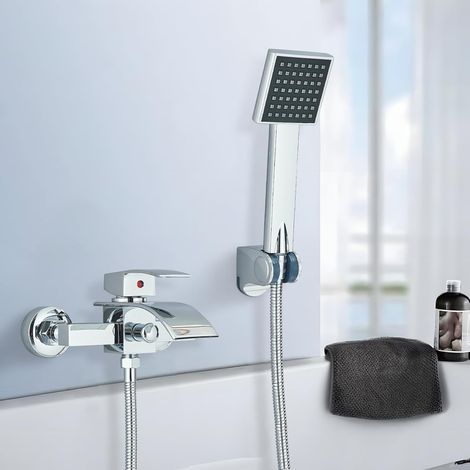 Robinet de Baignoire Cascade - Robinet Mitigeur - avec Douchette - Mural - Chrome (1/5)