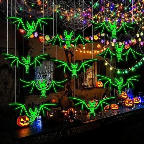 Halloween Décoration,10 Pièces Chauve Souris Lumineuse,Chauve Souris Stickers Muraux Fluorescente en Étan DECORATION DE FETE MURALE (1/5)