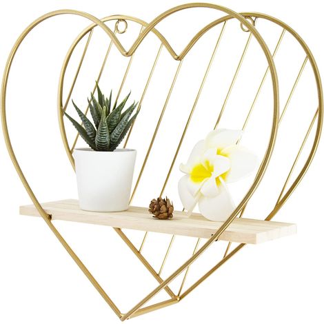 estantes de pared, forma de corazón, metal dorado, vetas de madera, decoración para sala de estar (1/5)