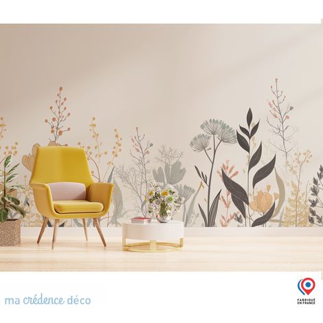 Papier peint : Dessin et Fleurs sauvages 1 - Intissé - L.300 x H.280 cm - Beige ivoire (1/5)