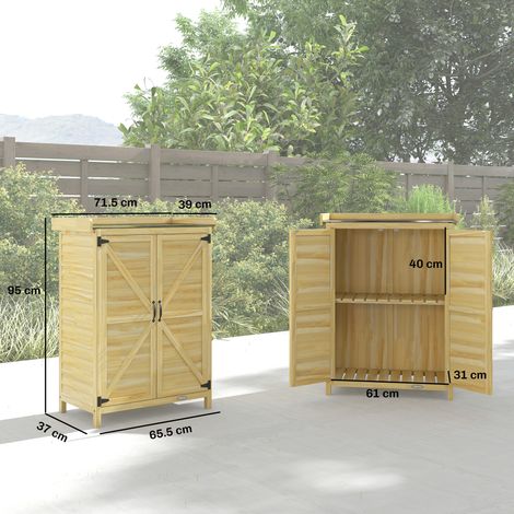 Armoire de jardin en bois avec plateau en acier, étagères et crochets, 71,5 x 39 x 95 cm (1/5)