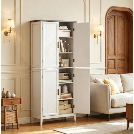 Credenza cucina alta a 6 livelli, 4 ante in vetro, 4 ripiani regolabili, MDF bianco HAVRYA (1/4)