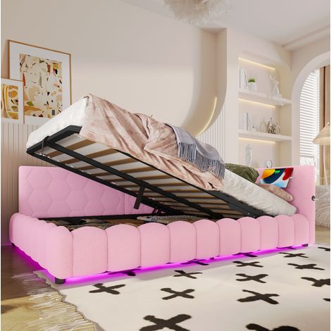Cama de día tapizada en Vliesimitat rosa 140x200 cm con somier, almacenaje hidráulico, LED, USB y Tipo-C (1/5)