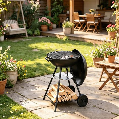 Barbecue à charbon rond en métal noir avec couvercle et grille (1/5)
