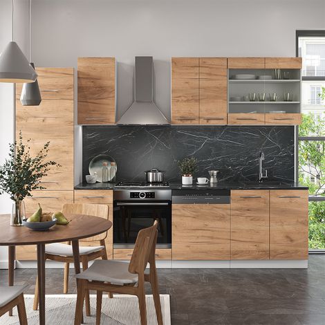 Küchenzeile Fame-Line, Goldkraft Eiche/Weiß, 300 cm , AP Anthrazit, Vicco