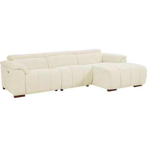 Vente-Unique – Canapé d'angle droit relax électrique 5 places en tissu beige – Inclinaison 180° – Mécanisme Zero wall – Garnissage mousse polyuréthane (1/5)