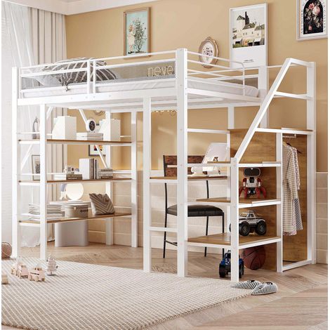 MODFU – Cama alta para adultos 140x200 cm de metal, contrachapado y MDF con escritorio, armario, escalera reversible y carga 120 kg – Blanco (1/5)