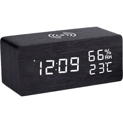 Horloge en bois à chargement sans fil - Bois noir, inscription blanche - Version température et humidité (1/5)