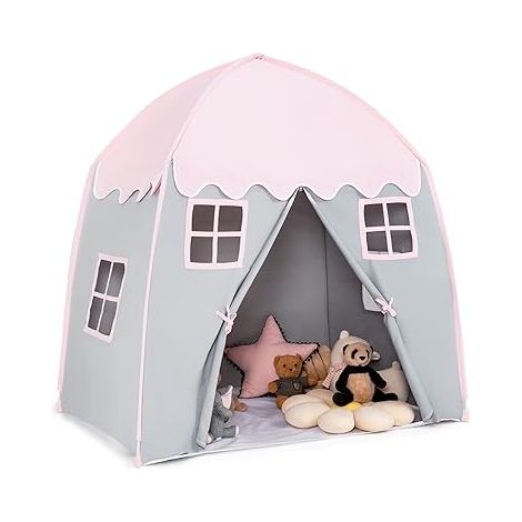 COSTWAY Tente de Jeu pour Enfants avec Tapis Antidérapant et Sac de Transport Grande Maison de Jeu pour Intérieur et Extérieur pour Enfants 3 Ans +, Rose (1/5)