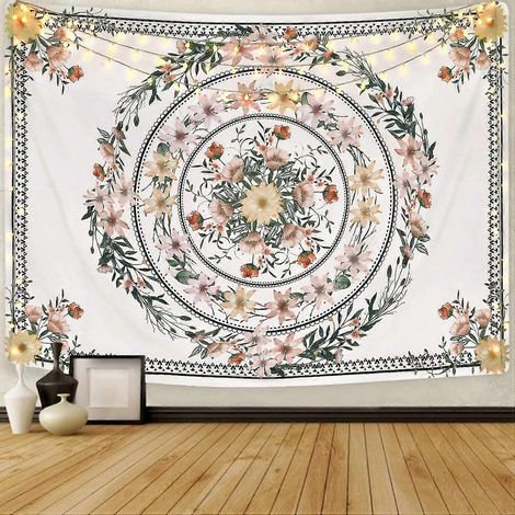 Tapisserie mandala, tapisserie à médaillon floral, tapisserie à motif floral esquissé, style bohème (1/5)