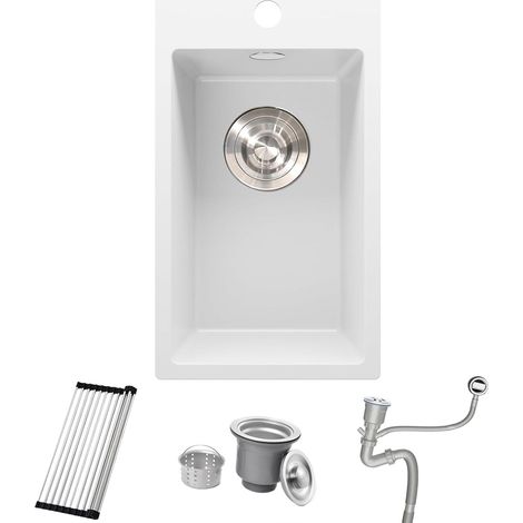 Petit évier de cuisine en granit blanc 28 x 50 cm pour camping-car, cuve simple, mini lavabo d'extérieur avec bonde de vidage et kit de trop-plein, support enroulable et siphon (1/5)