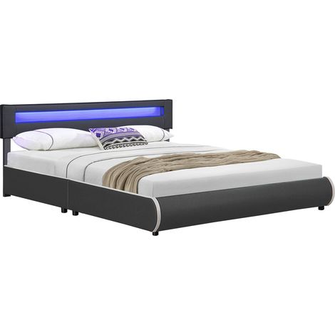 Letto imbottito Siviglia Grigio scuro 180 x 200 cm Giroletto con illuminazione LED e rete a doghe (1/3)