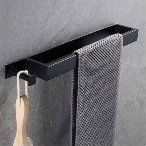 40CM Porte Serviette sans Perçage Salle de Bain, Support Serviette Mural en Acier Inoxydable pour Cuisine Lavabo Toilette, Montage à Vis/Adhésif, Noir Mat (1/5)