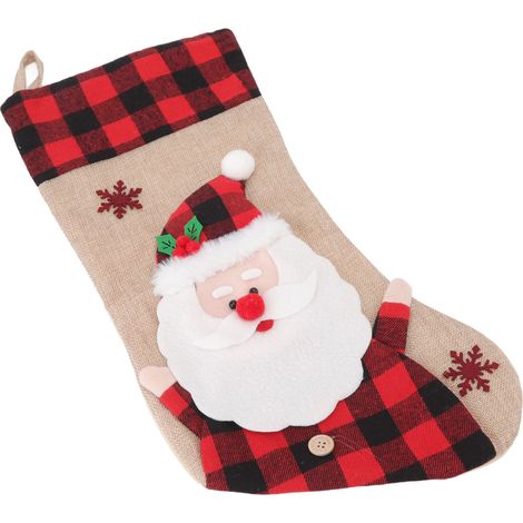 Chaussette de Noël en toile de jute à carreaux rouges, motif 3D, à suspendre, décoration pour la maison et les fêtes de fin d'année, Père Noël