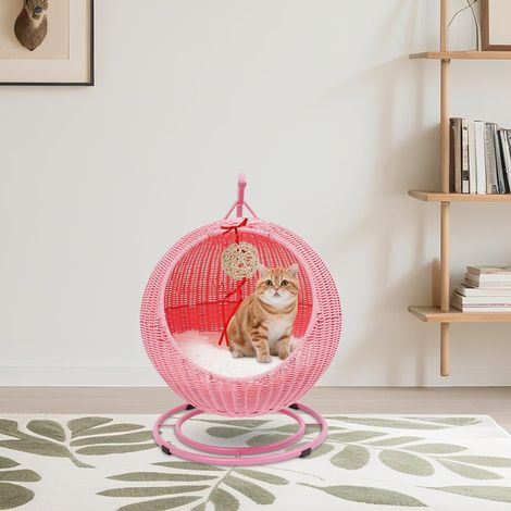 Katzenbett Katzen-Schaukel Katzenstuhl für drinnen Katzenkorb mit Weiches Kissen+Katzenspielball+Kratzbrett für Katzen PP-Kunstrattan Heimgebrauch Belastbarkeit 7,5KG (Rosa) (1/5)