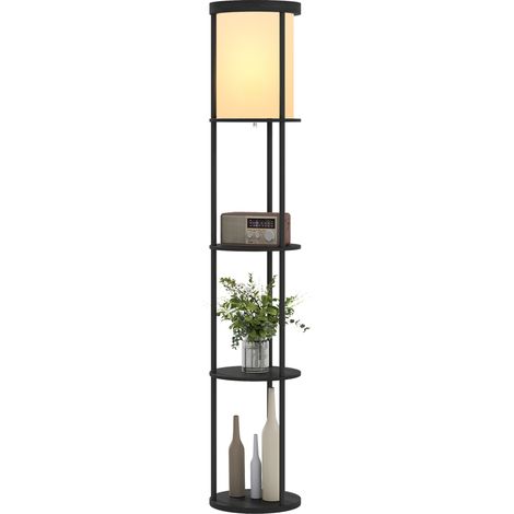 HOMCOM Piantana da Terra LED con Ripiani Rotondi e Paralume in Tessuto, Nero (1/5)