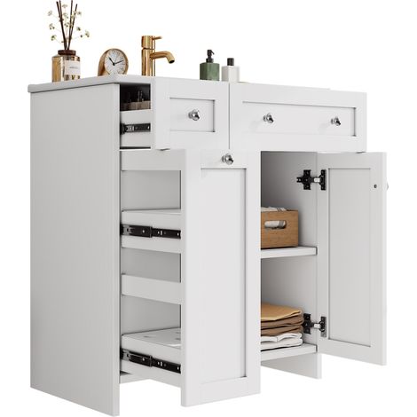 CHICFURN Meuble vasque salle de bain sur pied 76 x 47 x 86 cm blanc avec vasque en céramique, rangements à tiroirs et porte, fermeture douce, meuble lavabo (1/5)