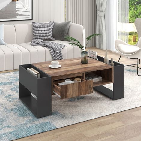 Table basse de salon design industriel avec tiroir sans poignée, compartiments ouverts et rangements latéraux, meuble en bois et gris anthracite, 111 x 60 x 40 cm (1/5)