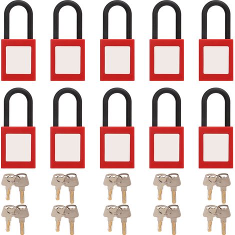 Set di 10 lucchetti di sicurezza isolati in nylon per applicazioni industriali, chimiche e nel settore dell'energia elettrica.