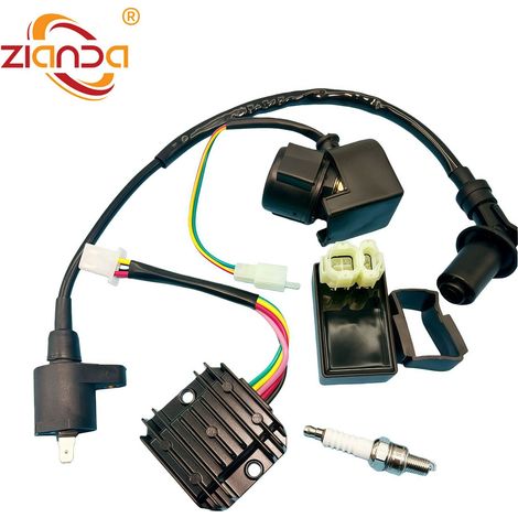 Ignition unit, high-voltage coil, rectifier, spark plug and relay for GY6 50-150 cm³ engine.