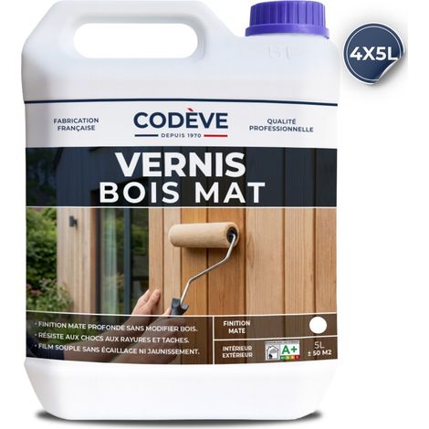Codève Bois – Vernis bois mat 4x5 L – Finition mat profonde – Résistant aux UV et à l'eau – Application facile sur bois neufs et remis à blanc