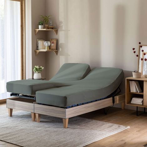 Drap housse vert lichen pour lit articulé jersey extensible 2x90x200