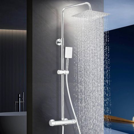 Système de douche avec thermostat, robinet de douche, douche à effet pluie avec robinet, douchette de tête, pommeau de douche avec tuyau et support (1/5)