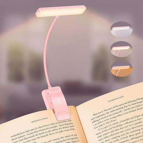 Leselampe Buch Klemme, USB Wiederaufladbare Buchlampe mit 19 LEDs, 3 Farb, Lange Laufzeit, Stufenlose Helligkeit Klemmlampe, 360° Flexibel Klemmleuchte für Nachtlesen ins Bett-Rosa (1/5)