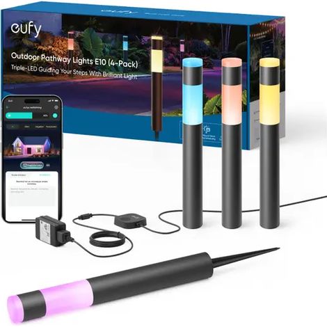 eufy E10 Lampes d’allée extérieures lot de 4 ampoules LED RGBWW connectées filaires, Étanchéité IP65, Pour jardin et terrasse (1/4)