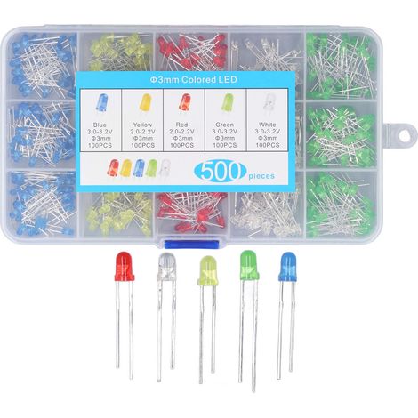 Packung mit 500 mehrfarbigen 3-mm-LEDs: rot, gelb, blau, grün, weiß. (1/5)