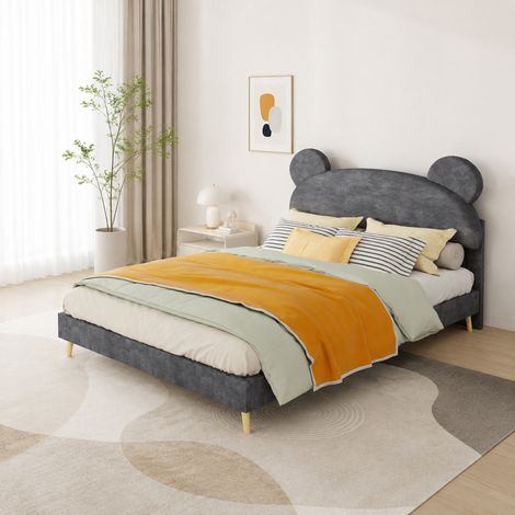 Cama 140x200 cm tapizada gris con cabecero orejas de oso, estructura metálica DESVIAE (1/5)