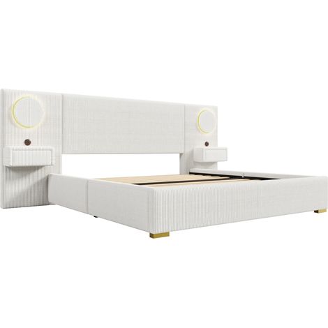 Polsterbett 180x200 cm aus Samt mit LED-Kopfteil, USB-Anschlüssen und Nachttisch-Schubladen, Beige (1/5)