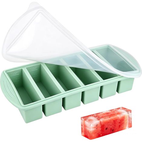 Grand bac à glaçons en silicone avec couvercle, moule à glaçons à 6 cavités avec bord renforcé en acier, marques de mesure double face de 62,5 ml et 125 ml, passe au micro-ondes, four, lave-vaisselle (1/5)