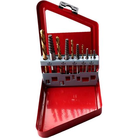 10 pièces – Lot d’extracteurs de vis cassées rouges + 5 forets, outil professionnel pour démonter et extraire des vis brisées ou grippées (1/3)