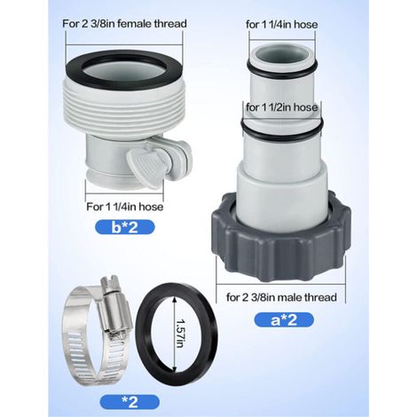 Adaptateur de tuyau à filetage et à collier INTEX pour tuyaux de 1,5 et 1,25 pouce, adapté aux pompes de filtration, ensemble de 8 pièces. (1/5)