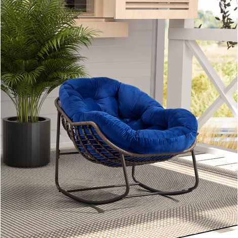 Sedia a dondolo in rattan per esterni con cuscino, blu navy, 78 x 106 x 90 cm (1/5)