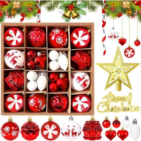 Boules de Noël Rouge Blanc, 42 Pièces Décoration Sapin avec Lanière, Boules en Plastique pour Noël, Mariage, Fête (1/5)