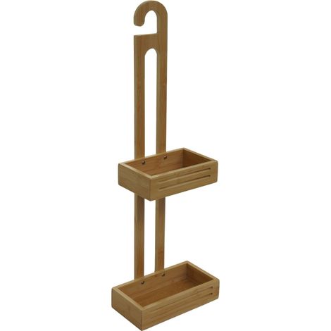 Tablette de douche HWC-M23, étagère de douche panier de douche organisateur de salle de bain, 2 paniers bambou 69x22x13c (1/5)