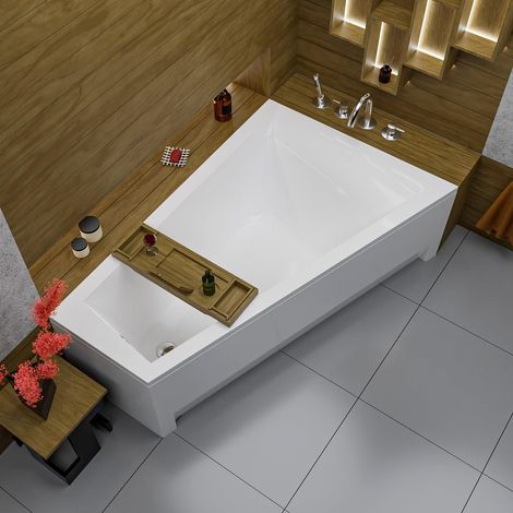 ECOLAM Baignoire trapéze Rita 160x100 cm droite + tablier en acrylique Planche en Bambou Vidange automatique Alcaplast + Pieds + silicone (1/5)