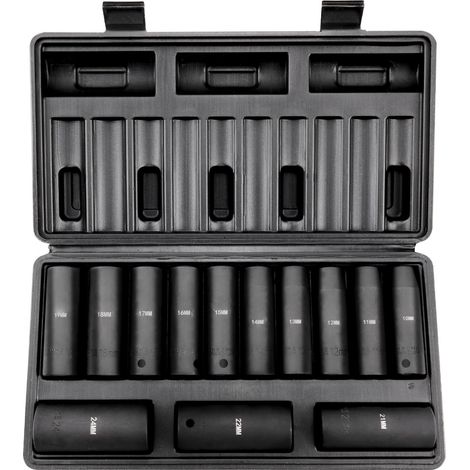 Jeu de douilles à chocs 1/2", 13 pièces, douilles profondes métriques 10-24mm, 6 pans, acier allié CR-V, marquage clair, construction robuste, coffret de rangement inclus. (1/5)