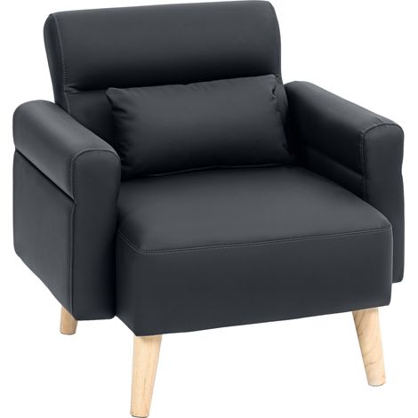 Sofá tapizado en piel sintética con respaldo cosido y patas de madera para salón o dormitorio, 77x78x78 cm, color negro (1/5)