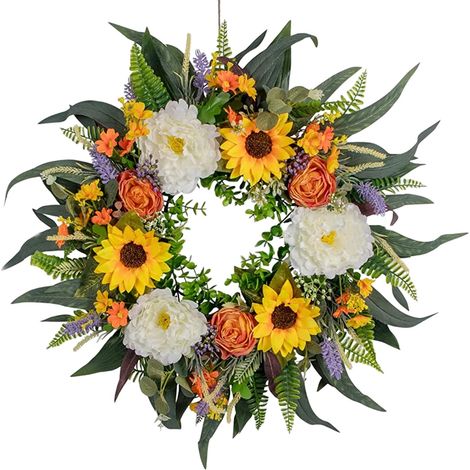 Corona de eucalipto artificial de verano, 40 cm, para puerta de entrada, decoración de pared para el hogar durante todo el año. (1/3)