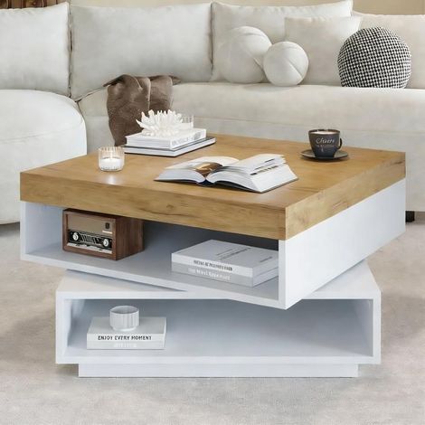 Table basse 70x70x40, design carré blanc/bois table basse salon, plateau pivotant 360°, rangement ouvert, LED intégrées (1/5)