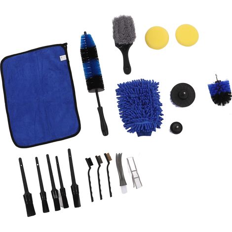 Kit de nettoyage automobile 18 pièces comprenant brosses, perceuses pour pneus, gants de lavage, chiffons et tampons de cire pour le nettoyage des roues et des tuyaux d'échappement (couleur A). (1/5)