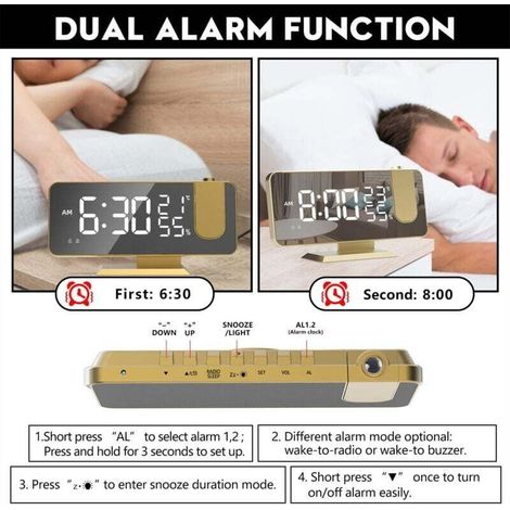 Radio Réveil Projecteur Cross-border Amazon Grand Écran - Affichage Température/Humidité, Horloge Électronique LED - Design "Or Tyran Local" avec Chiffres Blancs (1/3)