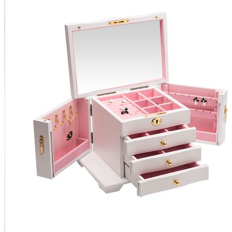 Grande boîte de rangement pour bijoux en bois avec serrure et clé, organiseur pour bagues, boucles d’oreilles, bracelets, miroir intégré (1/5)