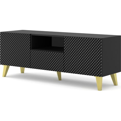 TV-Schrank Ravenna C 150 cm 2D1S Schwarz Hochglanz, Beine Gold