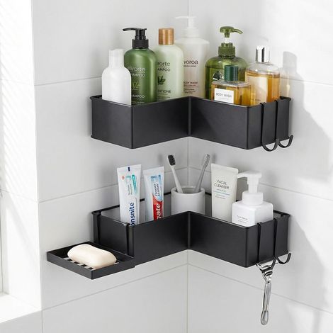 Lot de 2 paniers de douche d'angle en L, sans perçage, 4 crochets, salle de bains, adhésif (1/5)